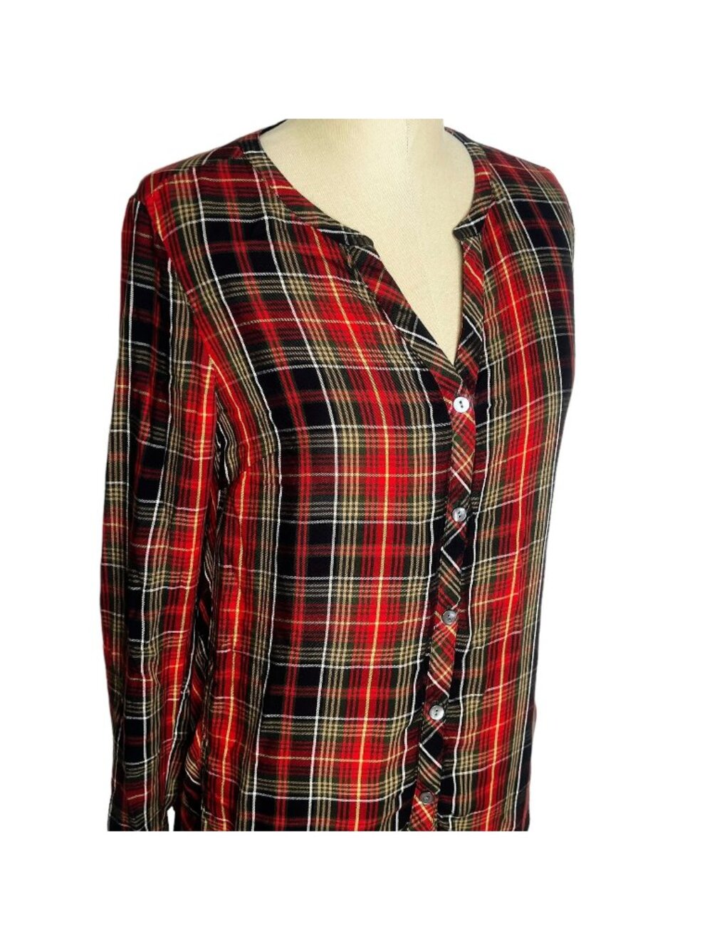 J. Jill Top Womens Size XS Black Red Tartan Plaid Button Front Top Long Sleeves